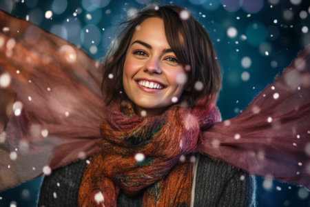 Smiling young woman in scarf and shawl against falling snowの素材