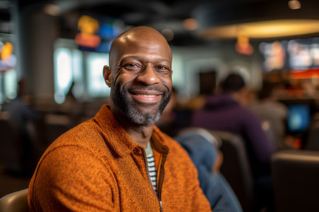 Portrait of happy african american man smiling at camera in cafeの素材