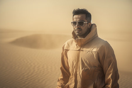 Handsome Indian man in the desert wearing a warm jacket and sunglassesの素材