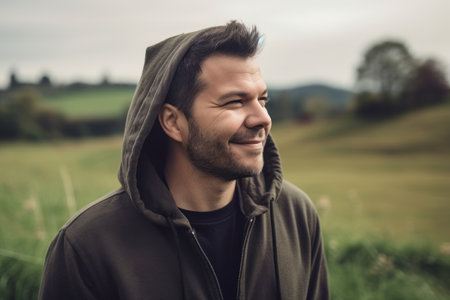 Handsome young man in hoodie smiling and looking away in countrysideの素材