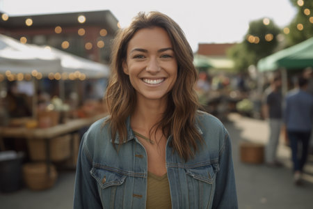 Portrait of smiling young woman at outdoor flea market, shallow depth of fieldの素材