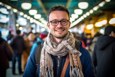 Portrait of handsome young man in the train station. Shallow depth of fieldの素材
