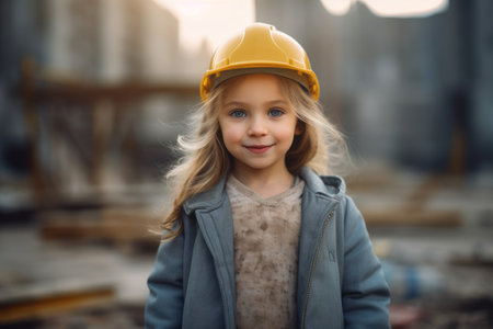 Portrait of a cute little girl in a yellow helmet on a construction siteの素材