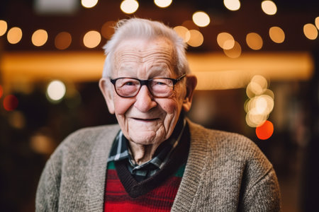 Portrait of an elderly man in glasses on the background of the Christmas lightsの素材