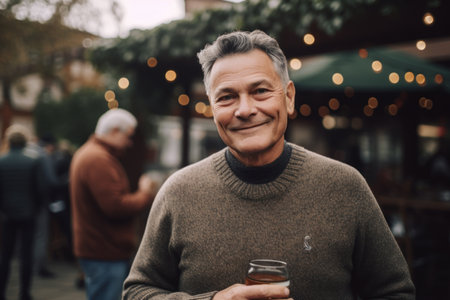 Portrait of smiling senior man with glass of whiskey in a pubの素材