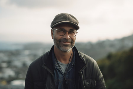 Portrait of a handsome mature man in cap and glasses standing outdoors on the top of a mountain.の素材