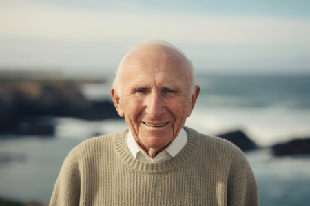 Portrait of a smiling senior man looking at camera on the beachの素材