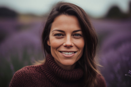 Portrait of a beautiful woman in a lavender field at sunsetの素材