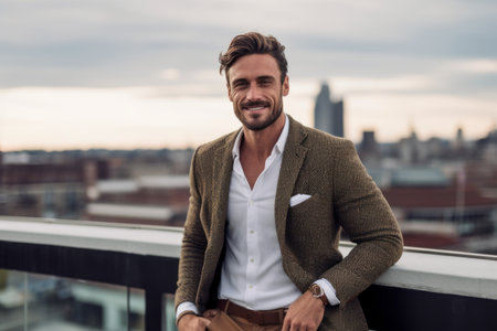 Portrait of a handsome young businessman standing on the rooftop of a skyscraperの素材