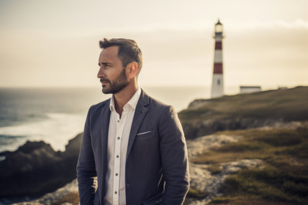 Portrait of a handsome bearded man in a suit standing on a cliff and looking at the seaの素材