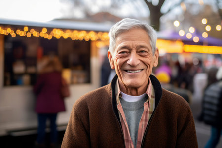 Portrait of smiling senior man looking at camera on Christmas market in cityの素材