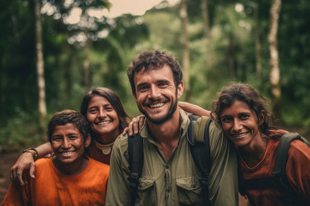 Group of friends hiking in the jungle. Group of happy young people having fun outdoors.の素材