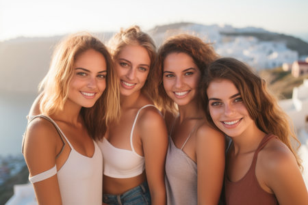 Portrait of a group of beautiful young women on the beach.の素材