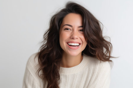 Close up portrait of a beautiful young woman laughing and looking at camera over white backgroundの素材