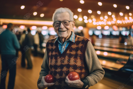 Portrait of senior man holding bowling ball and two tomatoes at bowling alleyの素材