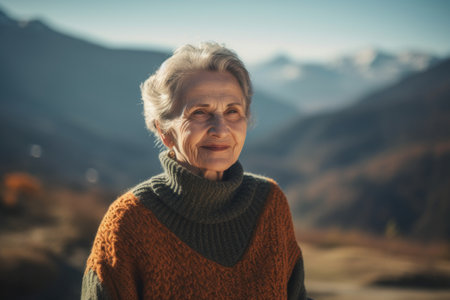 Portrait of an elderly woman in a sweater on the background of mountainsの素材