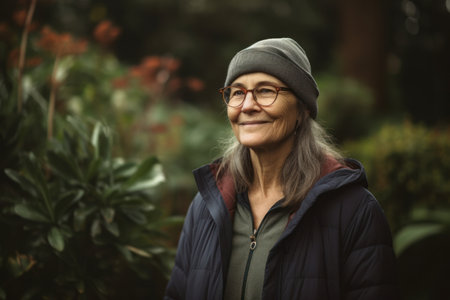 Portrait of smiling senior woman standing in the garden at autumn dayの素材