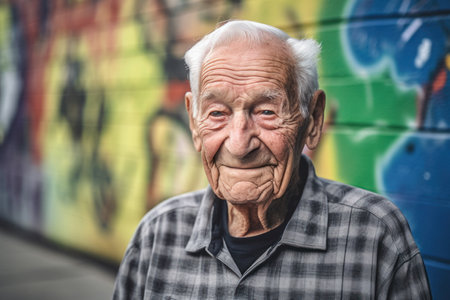 Portrait of an elderly man in front of a graffiti wall.の素材