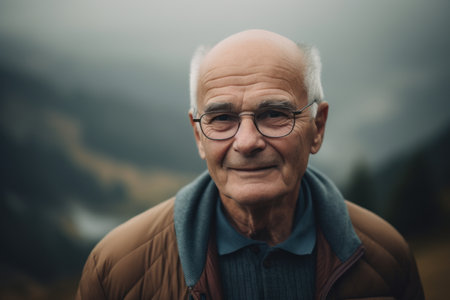 Portrait of senior man with eyeglasses looking at camera in the mountainsの素材