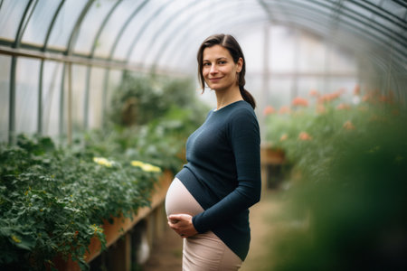 Pregnant woman holding her belly and smiling while standing in greenhouseの素材
