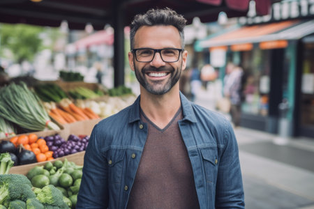 Portrait of smiling man with eyeglasses standing in grocery storeの素材