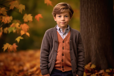 Portrait of a cute young boy standing in the autumn park.の素材