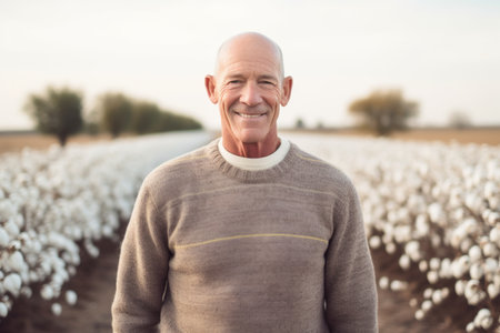Portrait of smiling senior man standing in cotton field on sunny dayの素材
