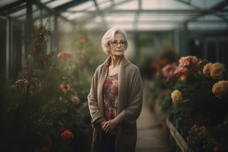 Portrait of a senior woman with glasses standing in a greenhouse.の素材