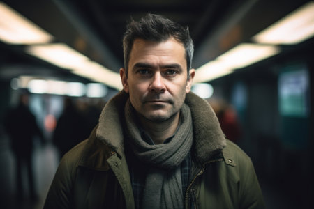 Portrait of a man in a subway station, looking at the cameraの素材