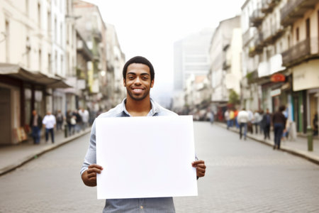 Young african american man holding a white sheet of paper in the cityの素材