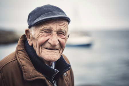 Portrait of an elderly man on the background of the sea.の素材