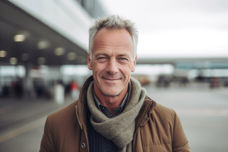 Portrait of handsome middle-aged man in coat and scarf standing outdoorsの素材