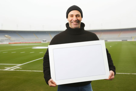 Handsome man in black sweater and hat holding whiteboard on football fieldの素材