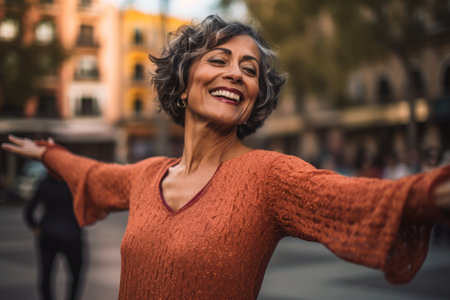 Portrait of happy senior woman with arms outstretched in the streetの素材