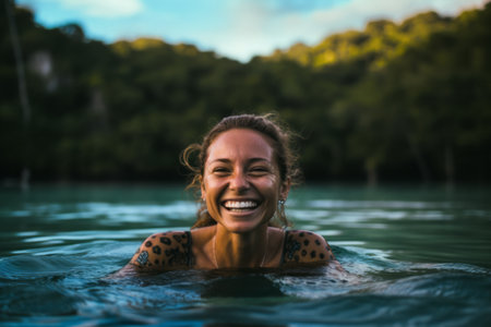 Portrait of a smiling woman swimming in a pool at sunset.の素材