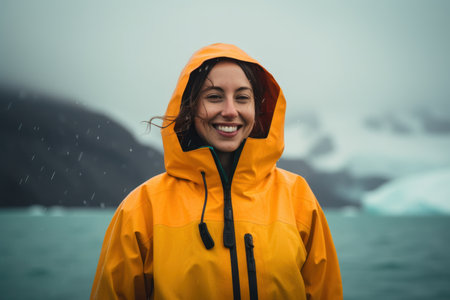 Young woman in a yellow raincoat with a hood standing in front of icebergs in Antarctica.の素材