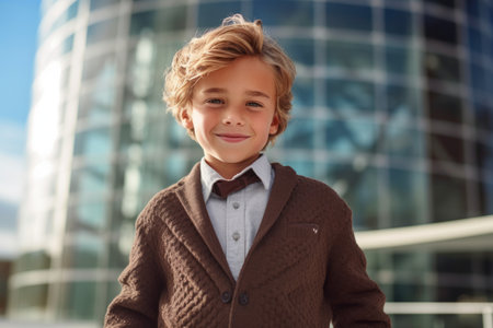 Portrait of a cute little boy in a coat and bow tie outdoorsの素材