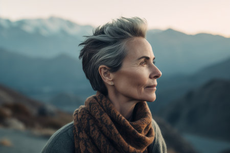 Portrait of a beautiful senior woman with short gray hair in the mountainsの素材
