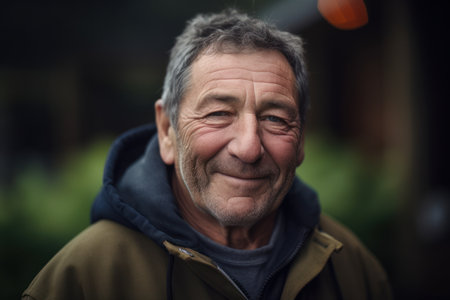 Portrait of a senior man with gray hair outdoors in the cityの素材