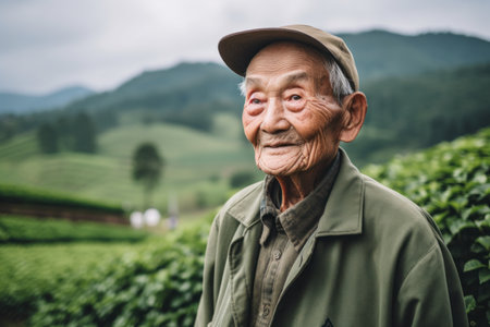 Portrait of senior asian man with tea plantation in the morningの素材