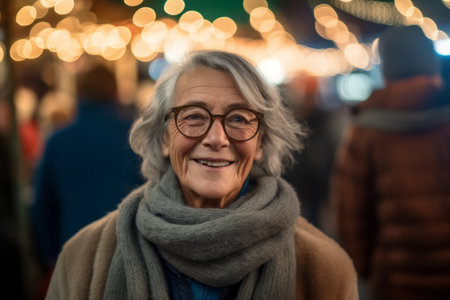 Portrait of smiling senior woman at Christmas market in evening time.の素材