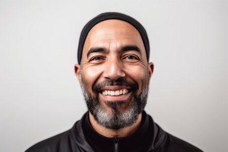 Portrait of a smiling bearded man in a black t-shirt and hatの素材