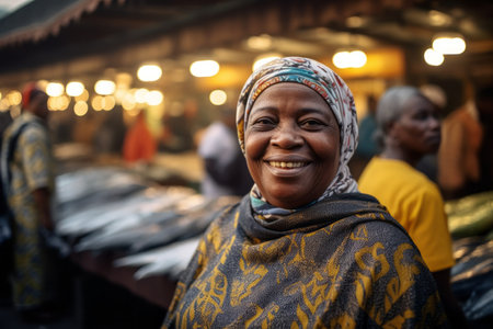 Portrait of a beautiful african woman smiling at the market.の素材