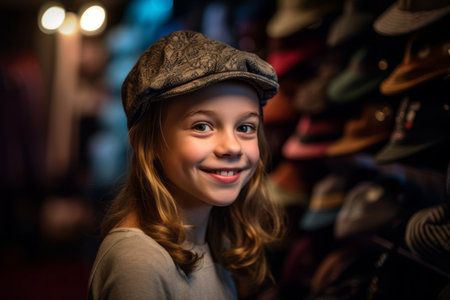 Portrait of cute little girl in hat looking at camera in shopの素材