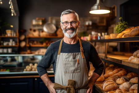 Portrait of a senior male baker standing in a bakery and smiling.の素材