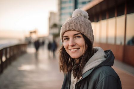 Portrait of a beautiful young woman smiling at the camera in the cityの素材