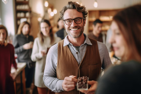 Smiling man holding chocolate candies with friends in background at coffee shopの素材