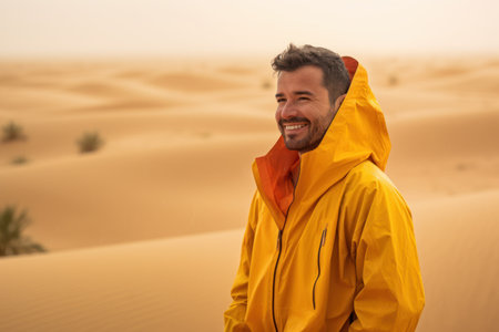 Portrait of happy young man in yellow raincoat in the desertの素材