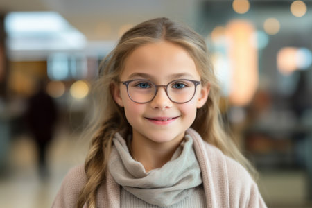 portrait of smiling little girl in eyeglasses at shopping mallの素材