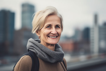 Portrait of a smiling senior woman with a scarf in the city.の素材